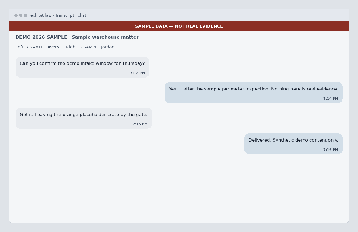 Product demo: sample chat-screenshot transcript with left/right bubbles — not real evidence