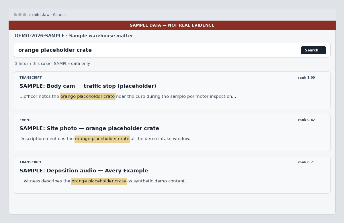 Product demo: sample case search highlighting SAMPLE phrases in a body-cam transcript — not real evidence